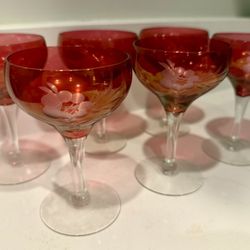 6 Floral Etched Cranberry Cordial Glasses