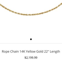 Kay Jewelers Rope Chain 14k Yellow Gold. 22” Length