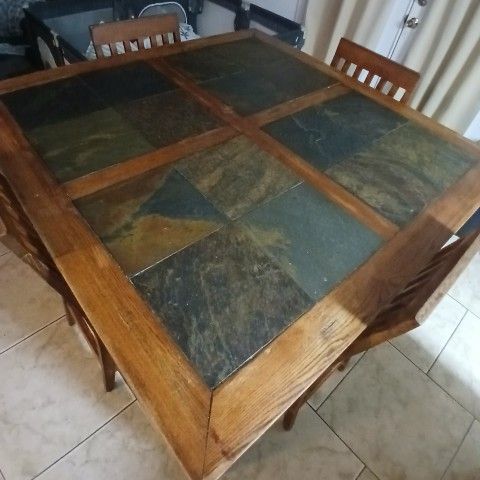Large Slate Inset Heavy Wood Dining Table And Chairs