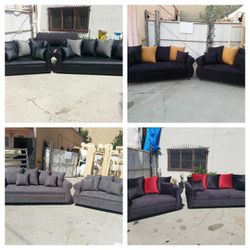 BRAND NEW  COUCHES, BLACK LEATHER. CHARCOAL, BLACK W RED  AND  BLACK  WITH  MARIGOLD FABRIC  COUCH And Loveseat Set 2pcs 