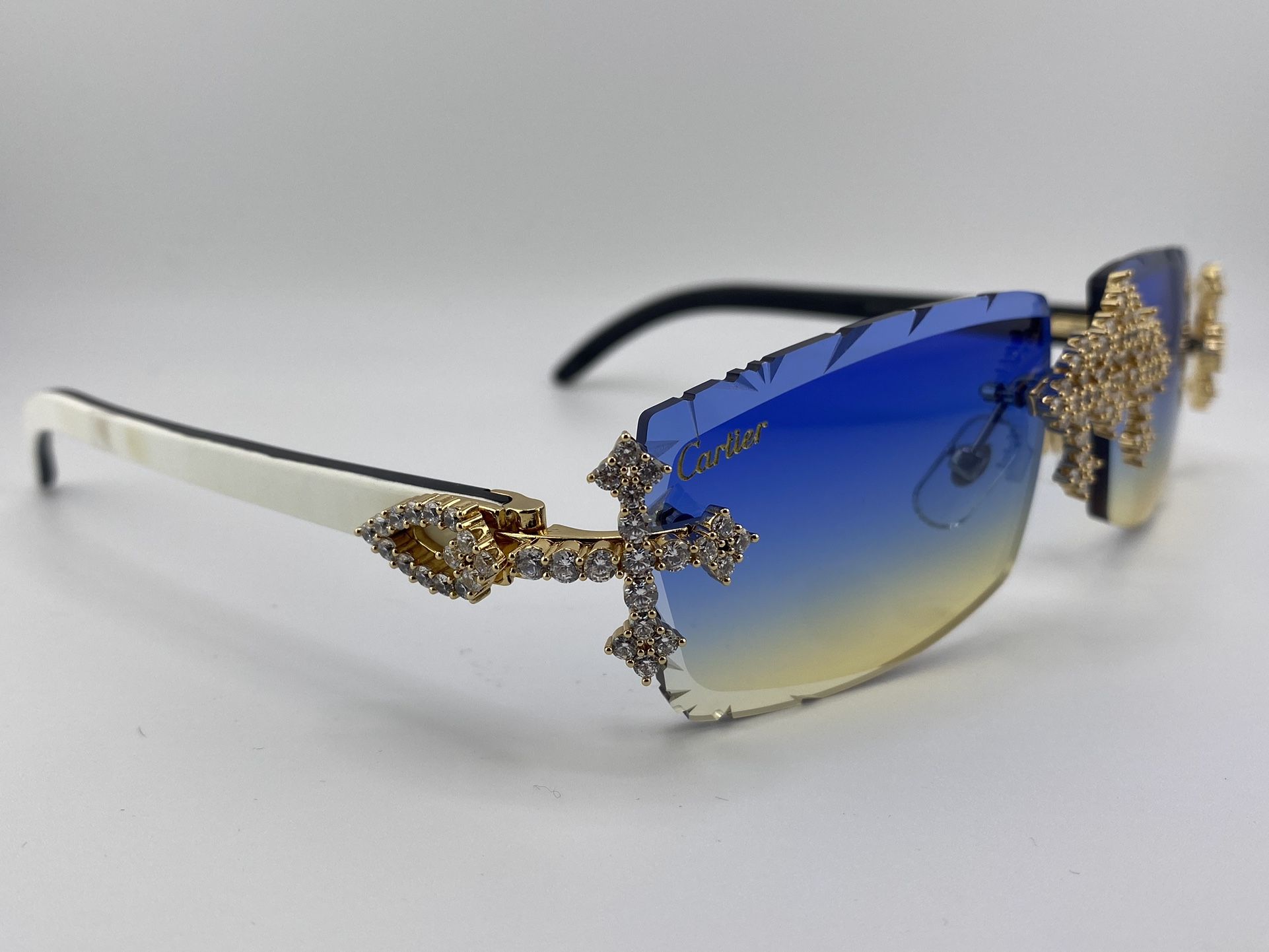 Cartier Iced Out Diamond Cut Lens White Buffalo Horn Sunglasses