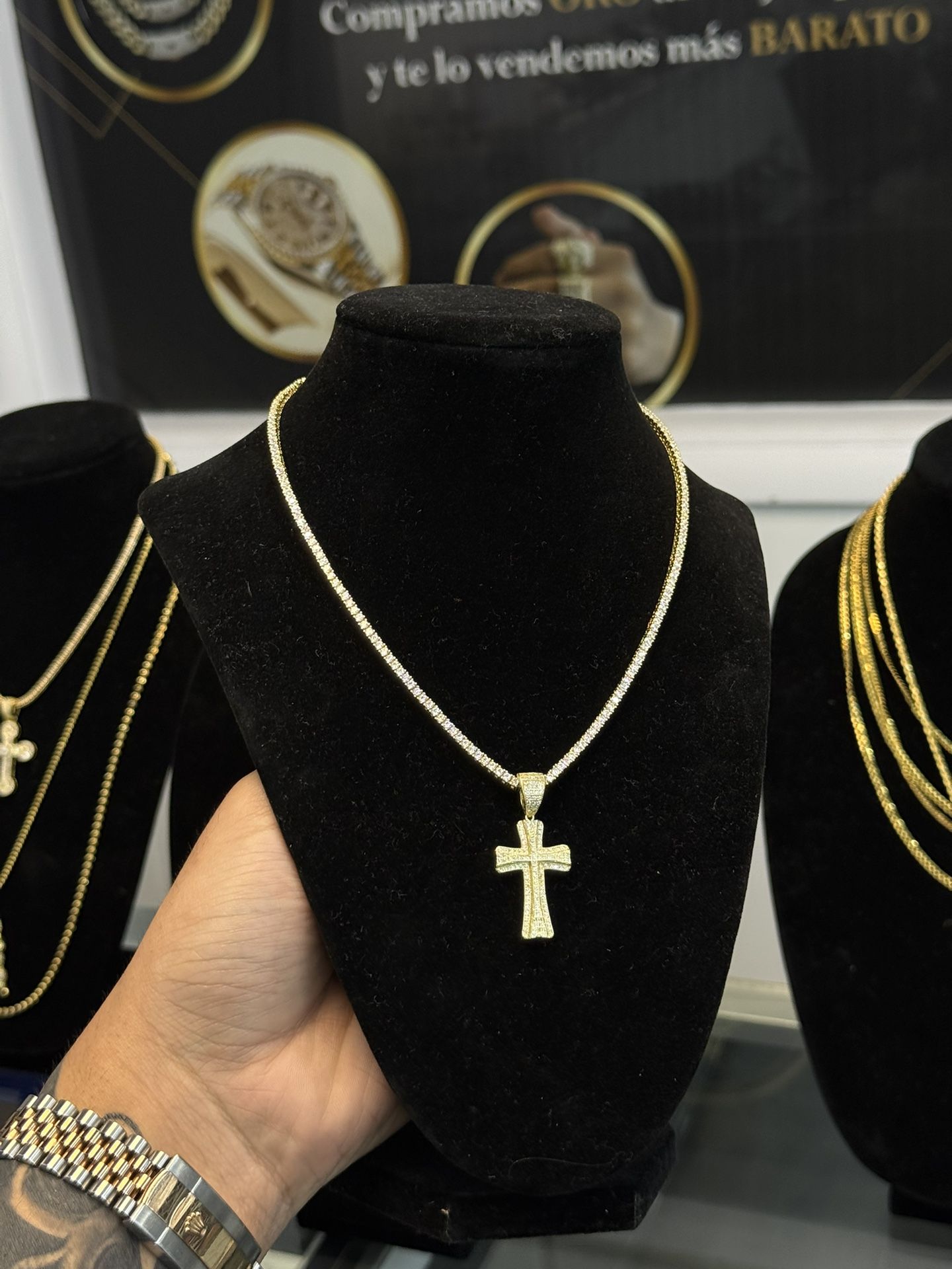 Gold Tennis Chain With Cross Pendant For Women Set