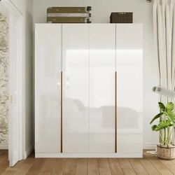 High Gloss Wardrobe with Shelves and Hanging Rods White 3 Door Closet Organizer