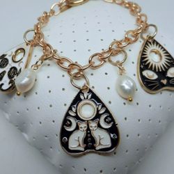 Ouija Spirit Ghost Board Cat Sun Moon Black Gold Pearl Charm Bracelet Halloween