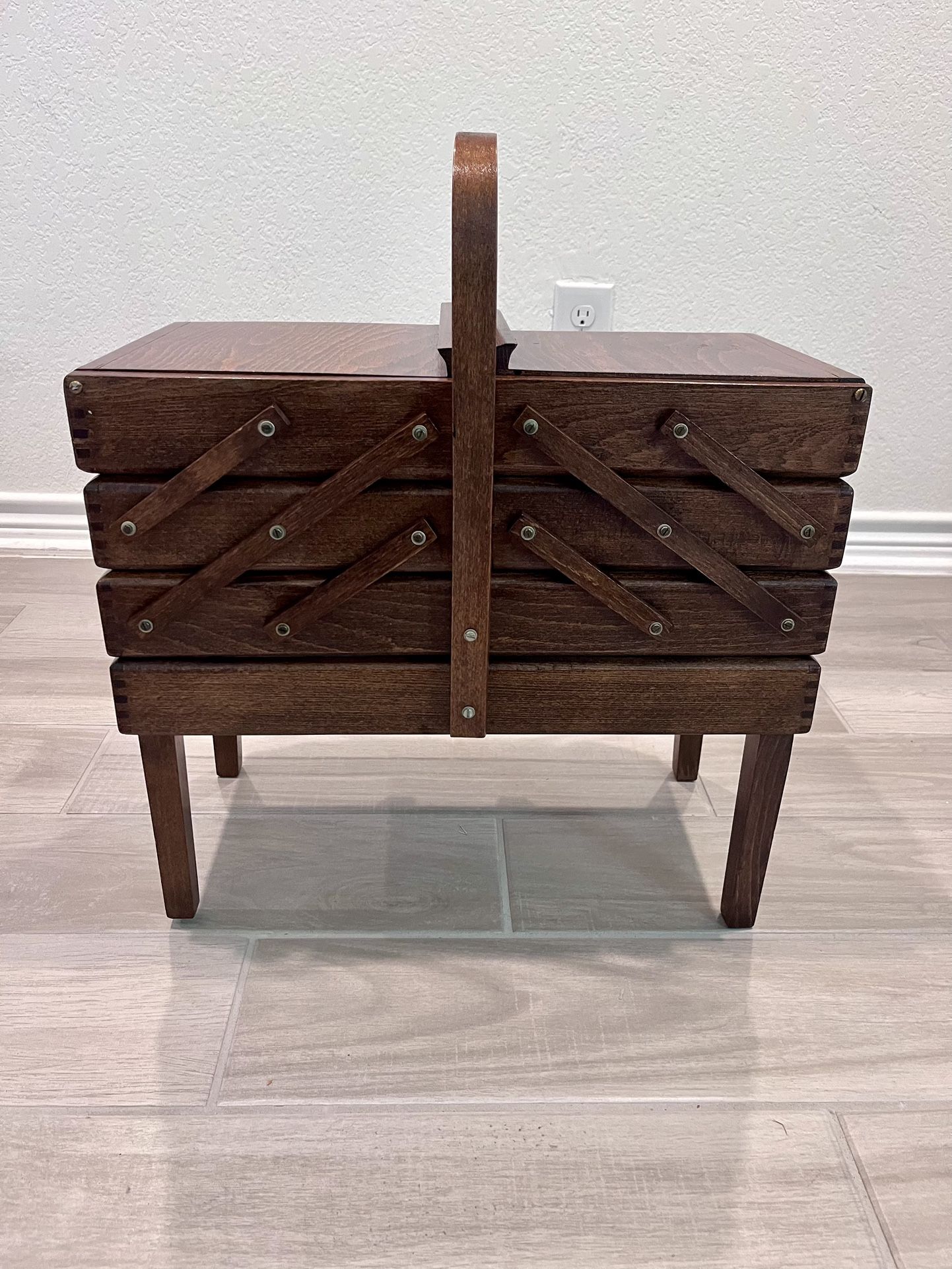 Vintage Romanian Wood Sewing Box- Good for Jewelry, too! Hand Crafted, Layered Expandable Accordion