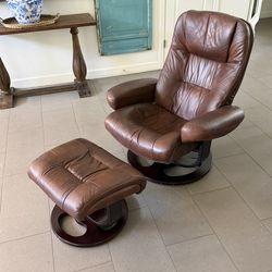 Leather Swivel Recliner Chair with Ottoman Brown MCM Style