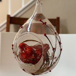 Glass Cardinal Bird Terrarium Christmas Ornament Red Berry Snow Nest Decor 6”x4”