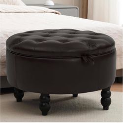 30 Inch Round Ottoman with Storage, Tufted PU Leather Storage Bench for Bedroom, Living Room & Entryway, Modern Upholstered Coffee Table with Wooden B