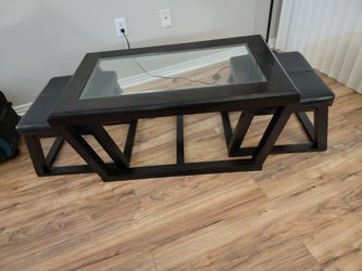 3-Piece Coffee Table. Dark Brown/Black Center Table With Glass Top, and Two Side Tables With Black Leather Top. 
