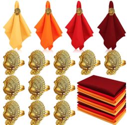 24 Pcs Thanksgiving Napkin Rings Set Include 12 Turkey Bird Napkins Holders Serviette Buckles With 12 Solid Color Fall Cloth Dinner Napkins For Autumn