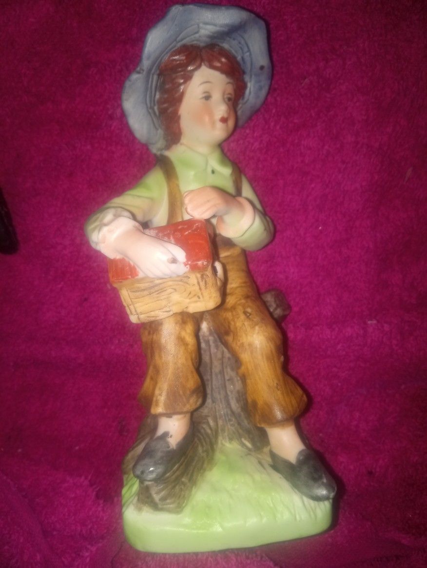PORCELAIN BISQUE FIGURINE - COUNTRY BOY with BIRD HOUSE - 6 1/2" TALL VINTAGE