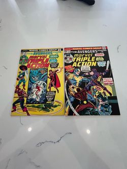 Marvel Triple Action 20 and 23, Captain America Hawkeye Wasp Scarlet Witch 1974 Mid Grade Lot