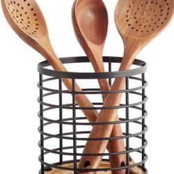 Metal And Bamboo Kitchen Utensil Holder, 6" X 5.2" New, Never Used. 