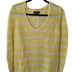 Banana Republic Sweater Yellow Ivory Stripe V-Neck Loose Knit Italian Linen Sz M