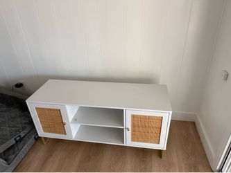 Modern White TV Stand / Media Console w/ Rattan Doors – Mid Century Style