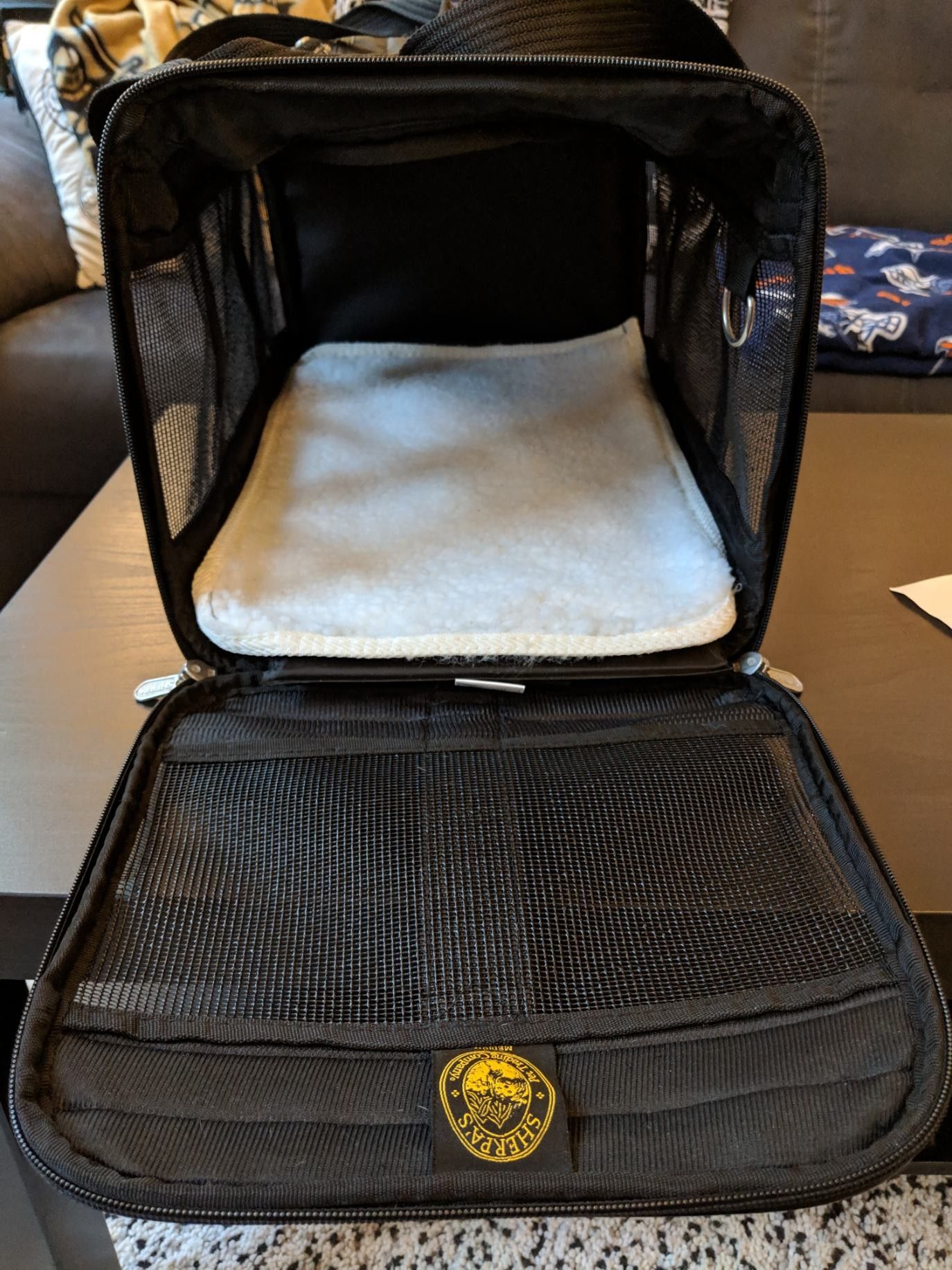 Small Sherpa travel pet carrier.