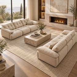 Set of 2 - 126" Beige Chenille Deep Seated Adjustable Back Plush Modular Sectional Sofas [NEW] **Retails for $5600  **NO Assembly Required