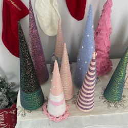 Handmade Holiday Cone Tree Set with Deer Figurines
