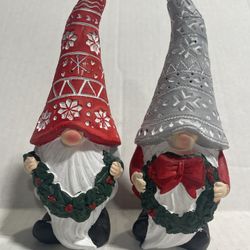2 Piece Set Of Christmas Garden Gnomes Concrete And Hand Painted Great For Indoor Or outdoor Decoration 