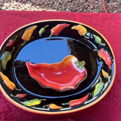 Clay Art "La Mesa"  Ceramic Serving Platter With Salsa/Dip Dish