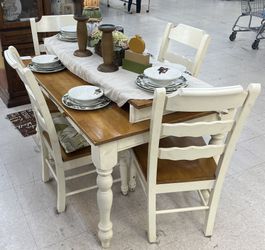 Antique Table, 4 Chairs, Leave