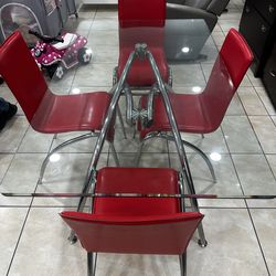 Modern Glass Dining Table Set – 4 Red Chairs