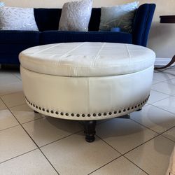 White and Brown Tufted and Hammered Pleather Coffee Table With Wood Underside and Storage 