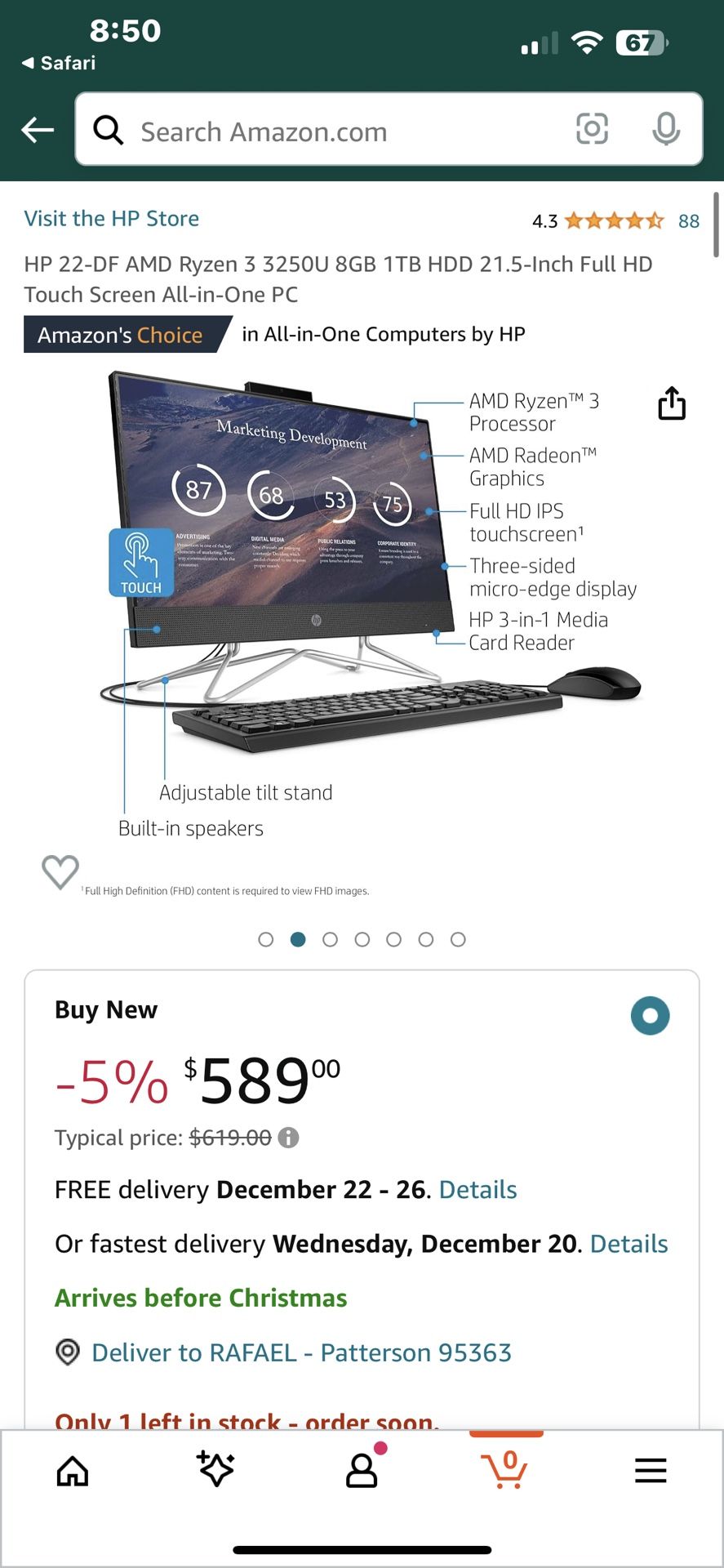 HP 22 DF AMD Ryzen 3 3250U 8GB 1TB HDD 21.5 Inch Full HD Touch Screen All in One PC