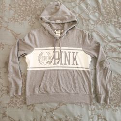 Victoria's Secret PINK Gray White Pullover Sweatshirt Hoodie Size Large