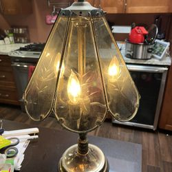 Vintage Lamp Etched Smoked Glass Paneled Shade Gold Tone Base Working 23"