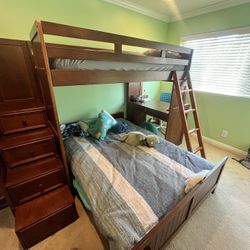 Solid Wood Bunk Bed with Desk and Drawers