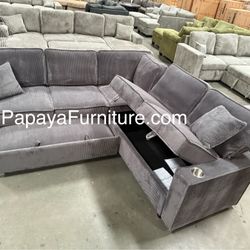 New Sectional Sofa Pullout Sleeper Bed Convertible Dark Grey Fabric Storage Sofabed USB Port Cup Holder