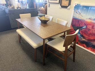 Mid-Century Modern Dining Table Set with Bench