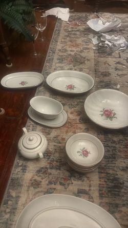 White Porcelain Dinnerware Set with Rose Pattern