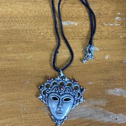 Pewter Goddess Mask Pendant w/ Embedded Jewels Rhinestones & Black Rope Choker