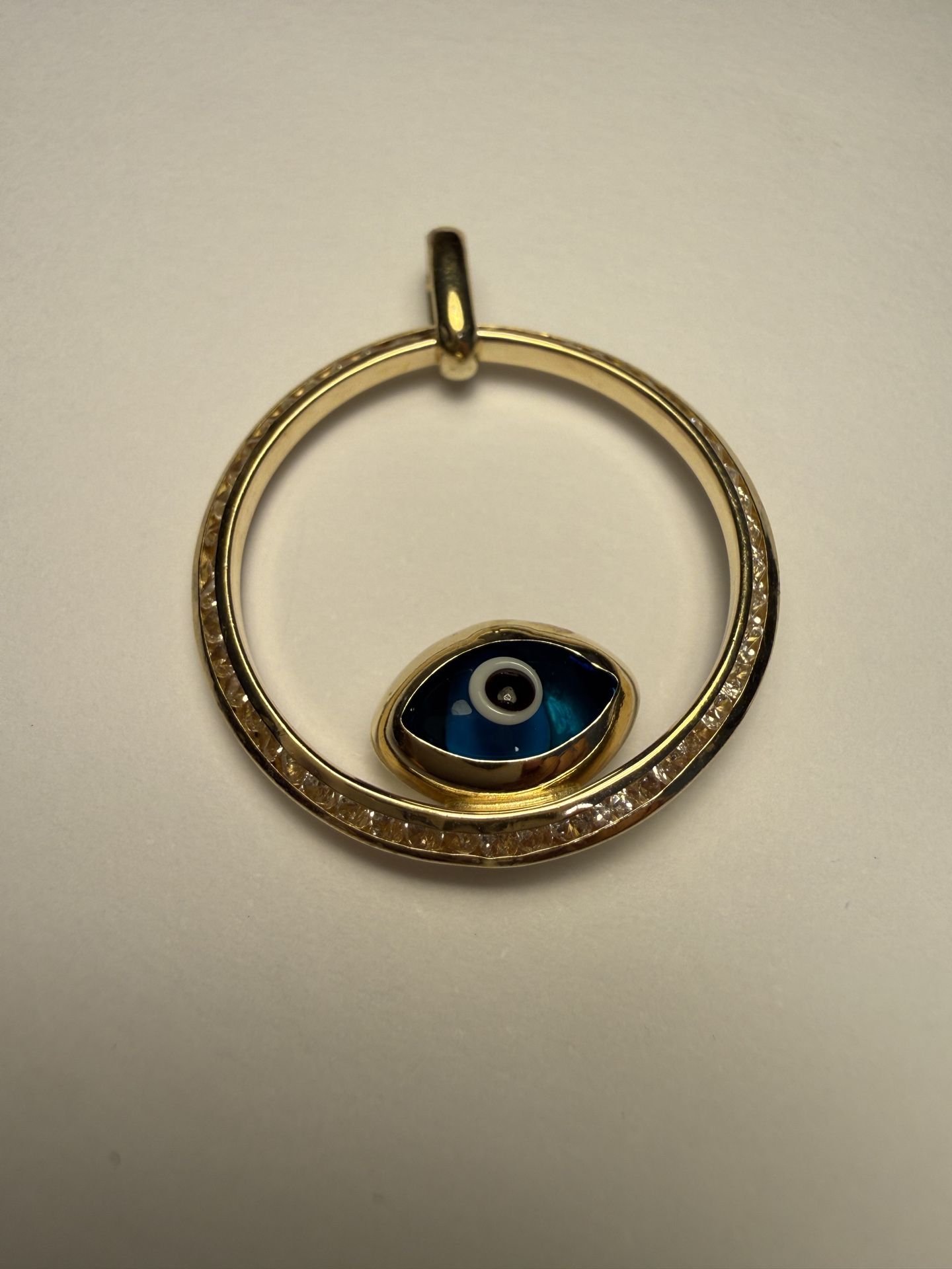 Real 14k Yellow Gold CZ Evil Eye Open Circle Charm Pendant 1.25” Inches Long 25mm Wide 3mm Bail Opening