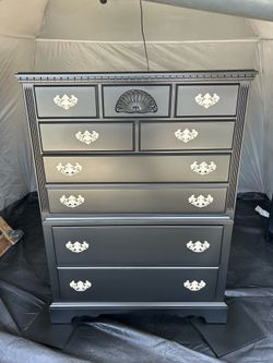 Refinished Vintage Tall Dresser / Chest of Drawers – semi gloss black with champagne gold hardware.