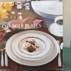 Silver Charger Plates Set (8) with Salt & Pepper Shakers