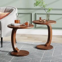 C-Shaped Set Of 2 End Table, Round Solid Wood Side Table for Living Room