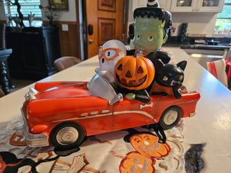 Light-Up Ceramic Halloween Figurine - Frankenstein In Red Car