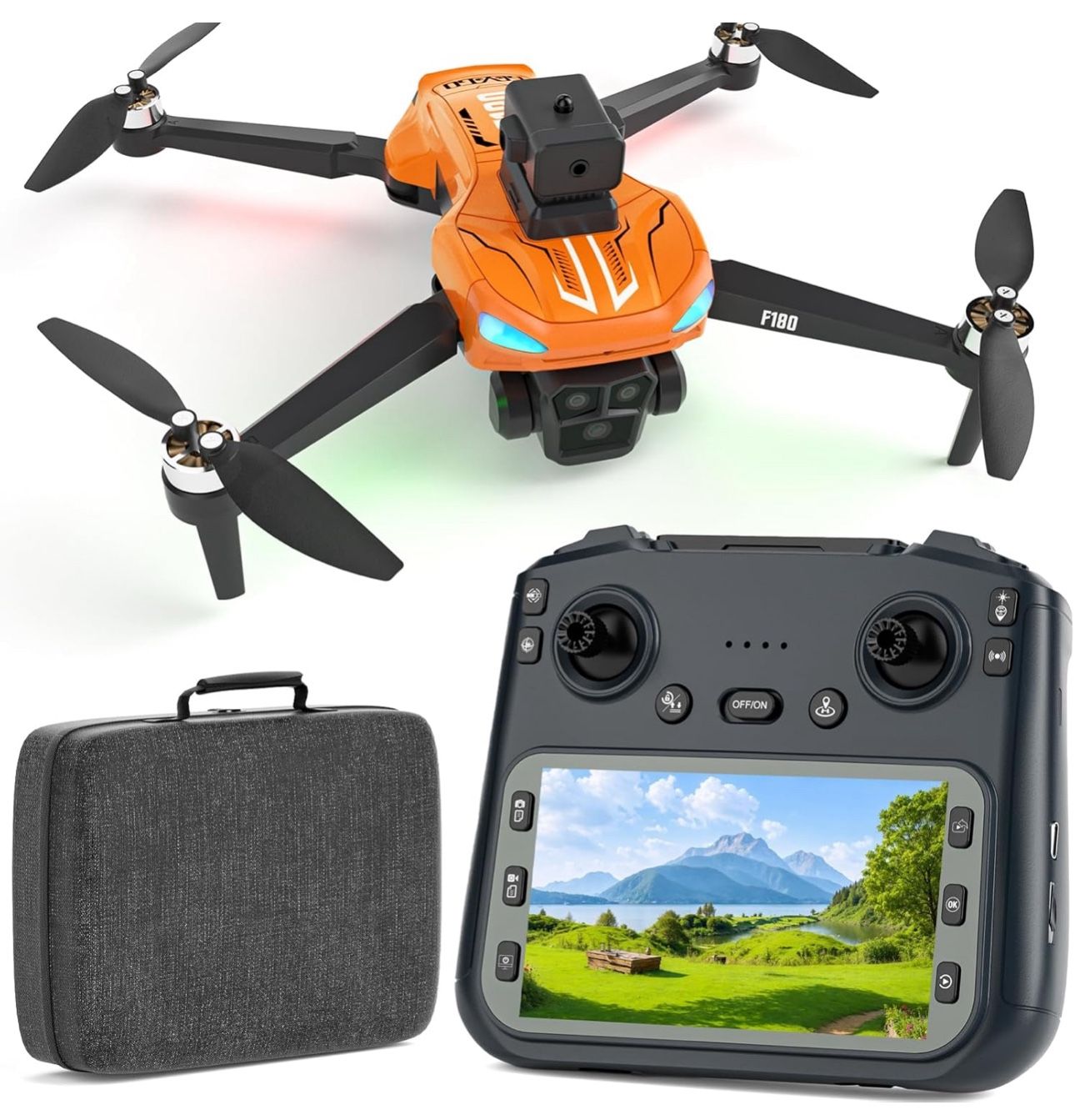 F180 Drones with 4K Camera Adults 4.5" LCD RC Screen, Follow Me Orange