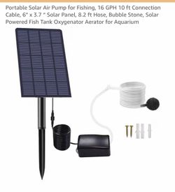 Portable Solar Air Pump for Fishing, 16 GPH 10 ft Connection Cable, 6” x 3.7 “ Solar Panel, 8.2 ft Hose, Bubble Stone, Solar Powered Fish Tank Oxygena