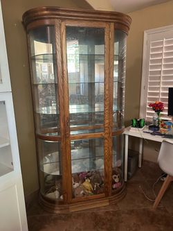 Large Curved Curio Glass & Wood Display Cabinet *Very Nice*