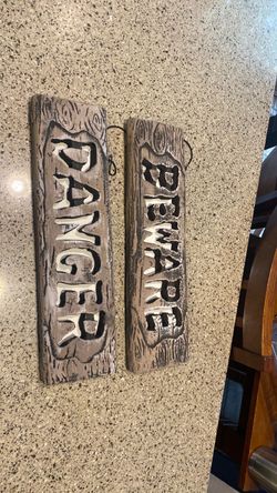 Danger & Beware Carved Wood Wall Signs Set