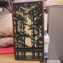 Antique framed needlepoint woodland pine trees.