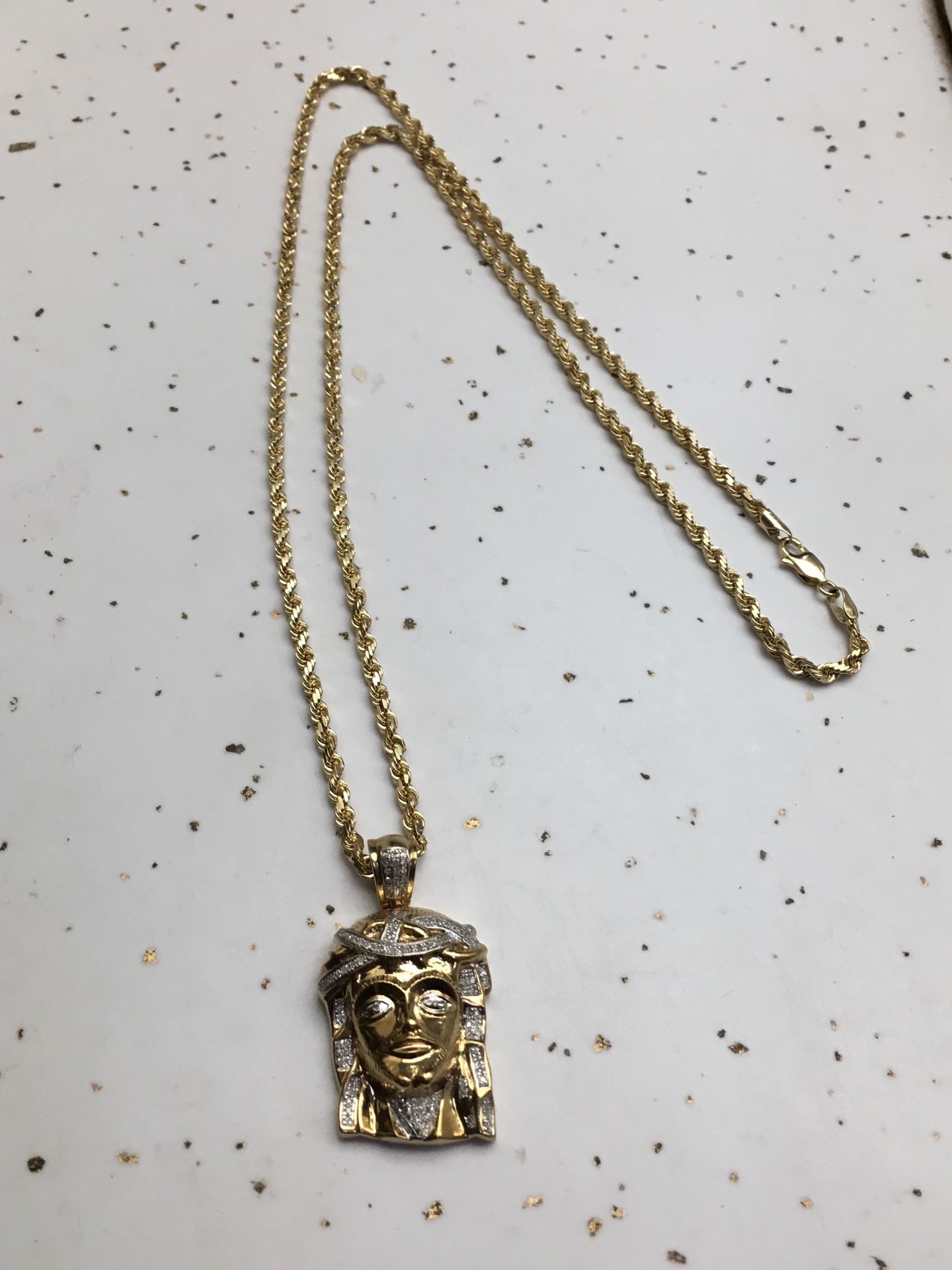 Real Solid 14kt Gold Rope Chain and Jesus Face