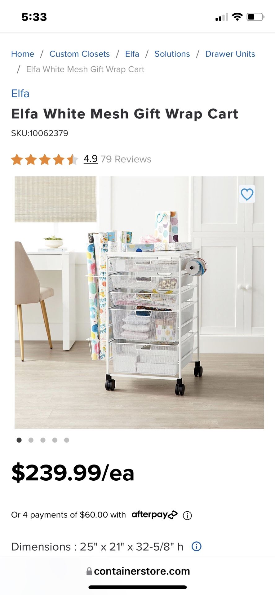 Elfa White Mesh Gift Wrap Cart For Sale In Sacramento, Ca - Offerup
