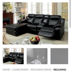 Black Faux Leather Sectional Sofa With Recliner
