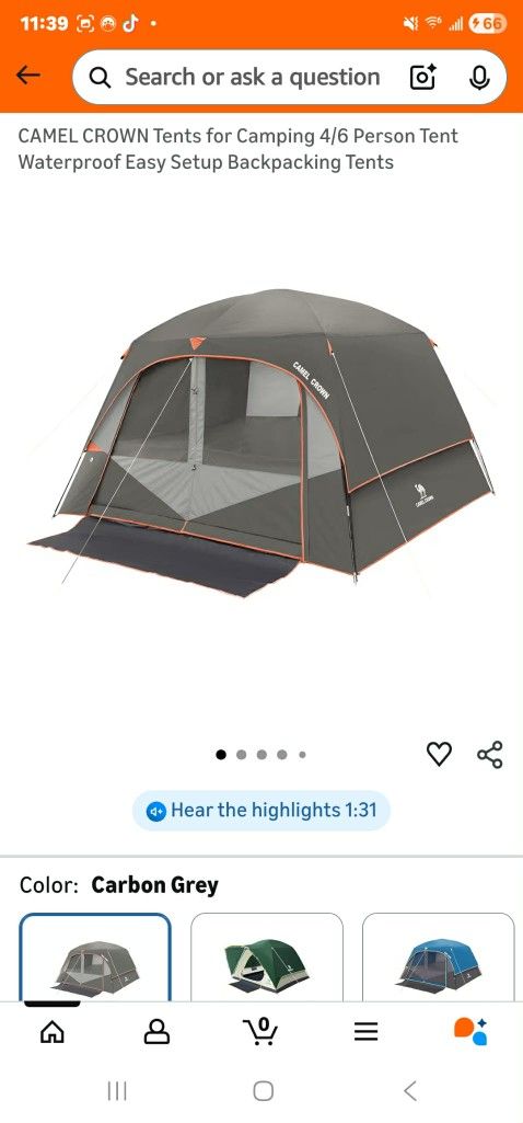 CAMEL CROWN Tents for Camping 4/6 Person Grey Color
