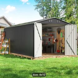 $440!!! 8’x12’ Black/Gray Metal Storage Shed NO base, New in box,  NO HOLDS